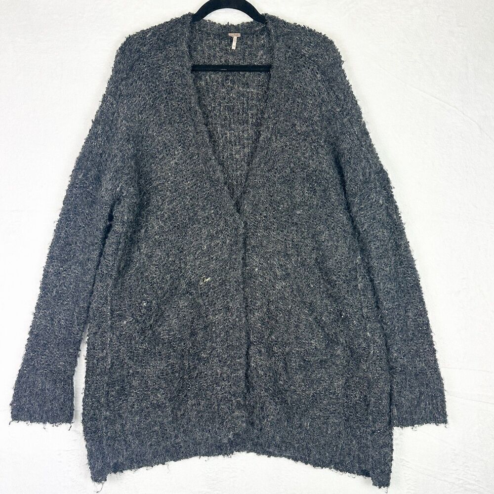 Free People Boucle Cardi Sweater Cardigan Size XS Alpaca Blend Oversized Black